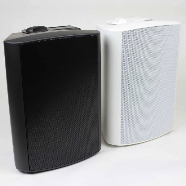 black and white pair of outdoor speakers